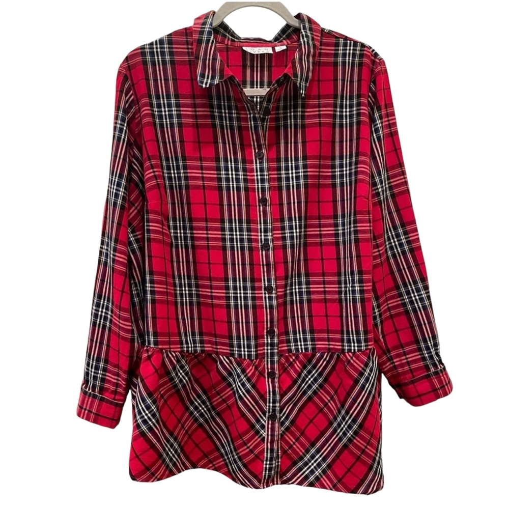 NWOT Joan Rivers Plaid Shirt With Gathered Ruffle Hem. Size 1X